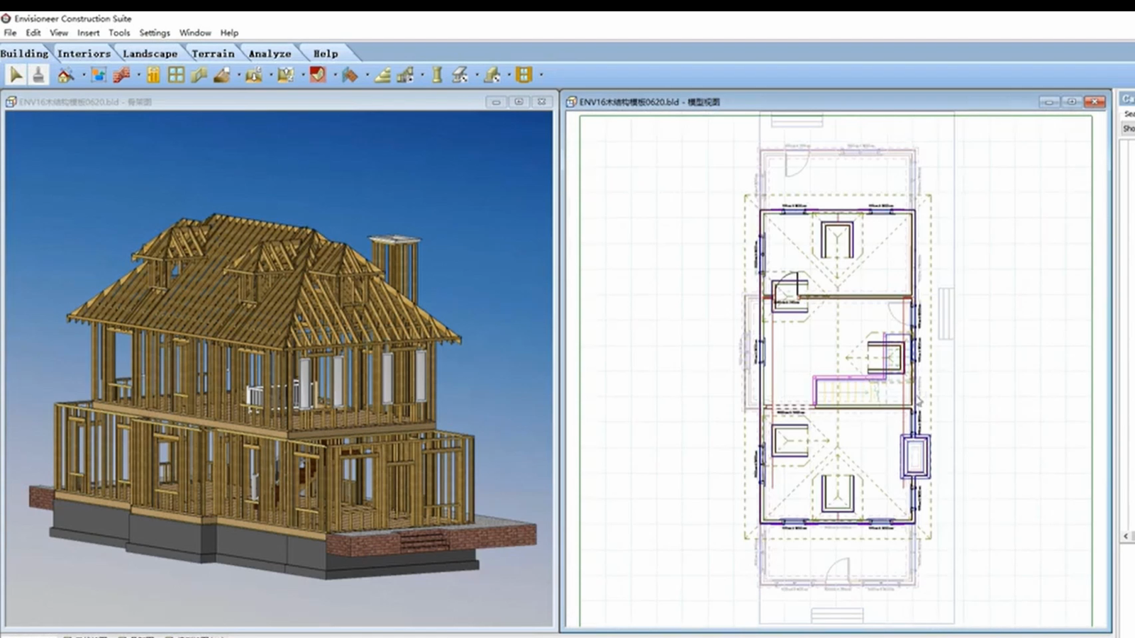 Envisioneer Construction Suite 中住宅木结构框架模型与平面视图并列显示